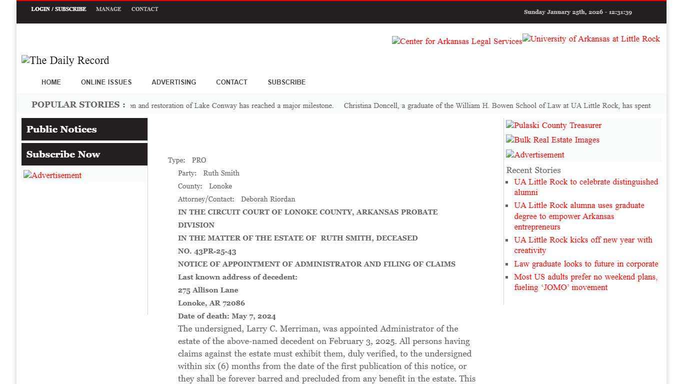 Ruth Smith County: Lonoke Attorney/Contact: Deborah Riordan